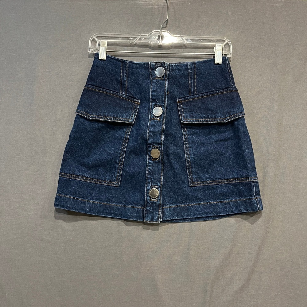 Topshop MOTO Denim Skirt Womens W26 Dark Blue Button Front Utility Mini Pocket